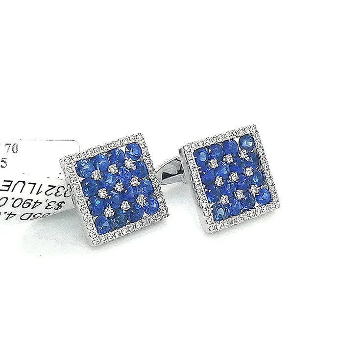 14K WHITE GOLD .65 CTW DIAMOND AND 4.06 CTW SAPPHIRE SQUARE CUFFLINKS