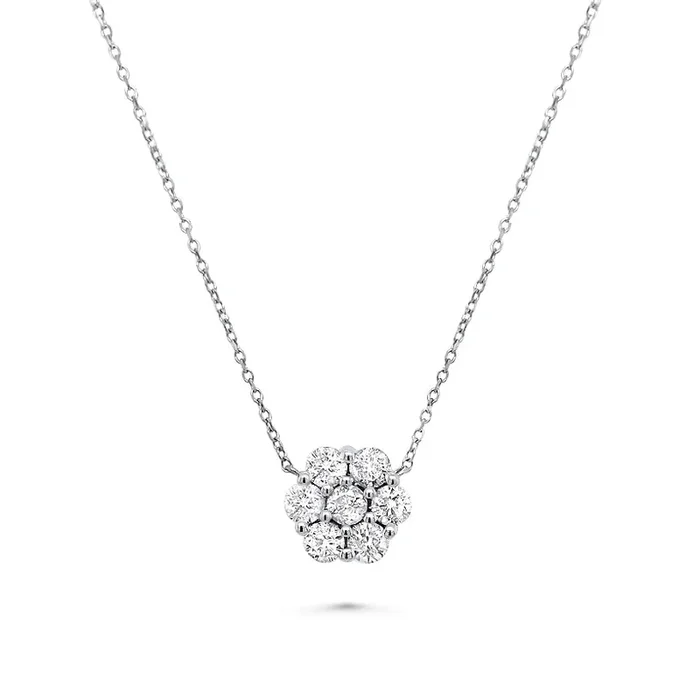 14K WHITE GOLD .90 CTW DIAMOND FLORAL CLUSTER NECKLACE