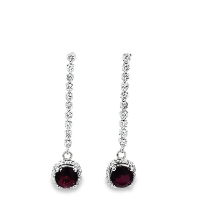 14K WHITE GOLD .99 CTW DIAMOND LINEAR EARRINGS WITH 3.24 CTW HALO GARNET