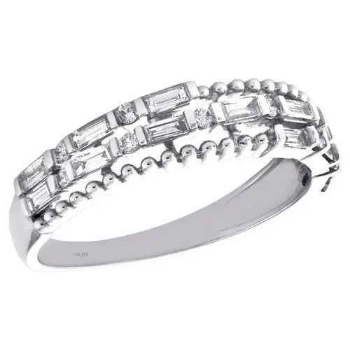 14K White Gold Baguette Cut Diamond Cluster Beaded Wedding Band 5mm Ring 3/8 CT.