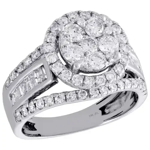 14K White Gold Baguette Diamond Contoured Flower Ladies Engagement Ring 1.88 Ct.