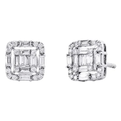 14K White Gold Baguette Diamond Fancy Cluster Stud 9mm Statement Earrings 5/8 CT