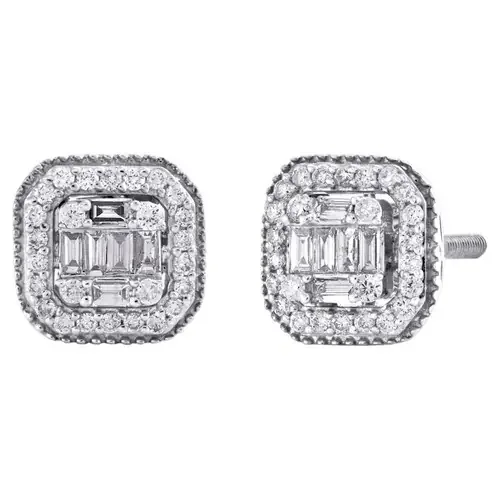 14K White Gold Baguette Diamond Milgrain Halo Frame Stud 8.50mm Earrings 3/8 CT.