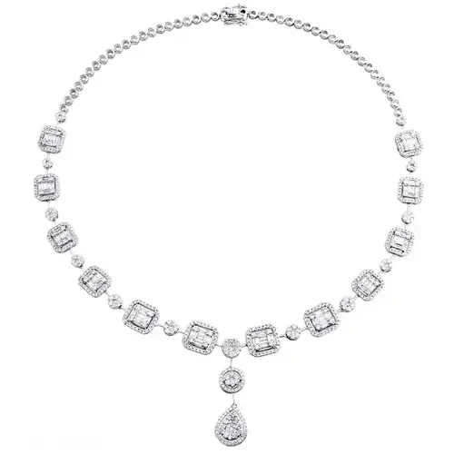 14K White Gold Baguette Diamond Octagon Cluster Drop Dangle 16″ Necklace 6.62 CT