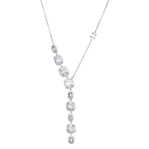 14K White Gold Baguette Diamond Square Pendant Drop Statement Necklace 1.75 CT.
