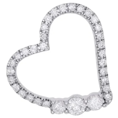 14K White Gold Diamond 3 Stone Sideways Open Heart Fancy Pendant 0.9″ Slide 1 CT