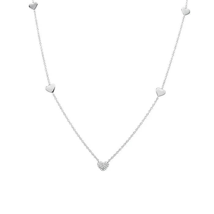 14K WHITE GOLD DIAMOND 5 STATION HEART NECKLACE