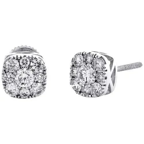 14K White Gold Diamond Flower Set 7mm Rounded Square Stud Earrings 0.75 Ct.