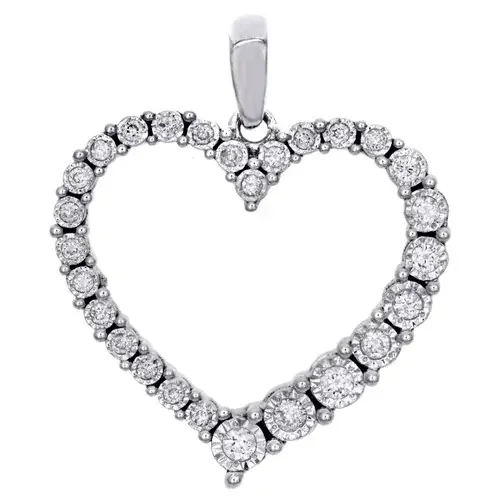 14K White Gold Diamond Outline Heart Pendant 0.85″ Illusion-set Charm 1/6 CT.