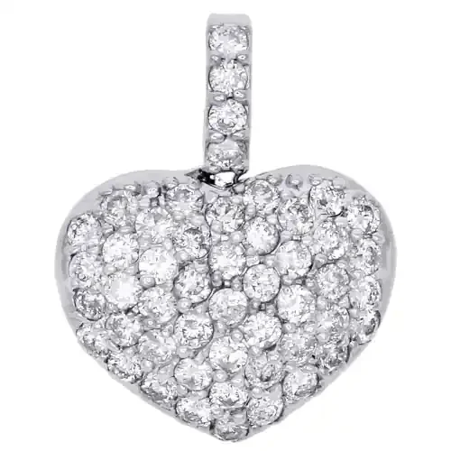 14k White Gold Dome Puff Heart Genuine Diamond Pendant 0.70″ Pave Charm 0.86 CT.