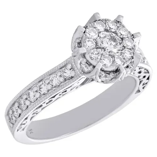 14K White Gold Flower Set Diamond Engagement Ring Ladies Antique Design 1.06 CT.