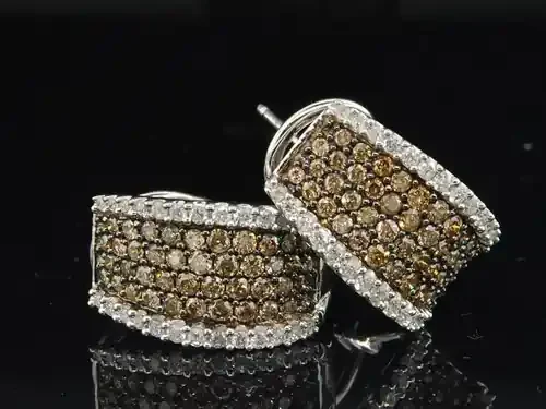 14K White Gold Genuine Brown Diamond Omega Back Earring Hoop Studs 1.51 Ct.
