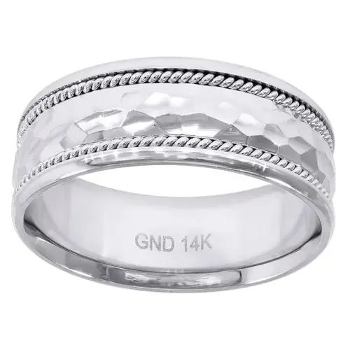 14K White Gold Men‘s Hammered w/ Rope Milgrain 8mm Wedding Band Sizes 7 – 12