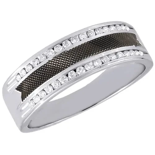 14K White Gold Mens Diamond Textured Wedding Band Black Enamel Ring 0.27 Ct.