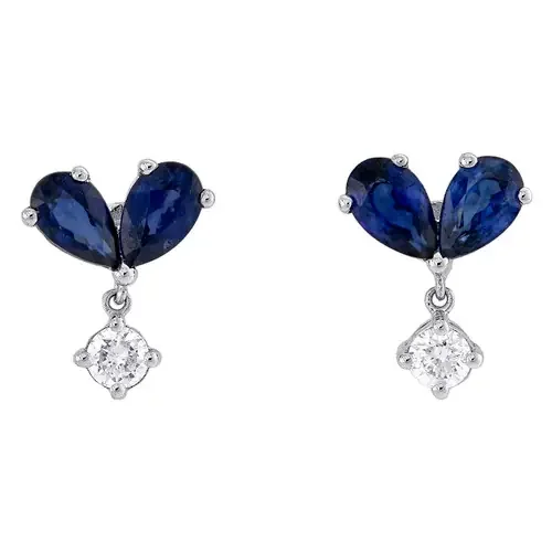 14K White Gold Natural Sapphire & Diamond Dangle Drop Studs 10mm Earrings 1/6 CT