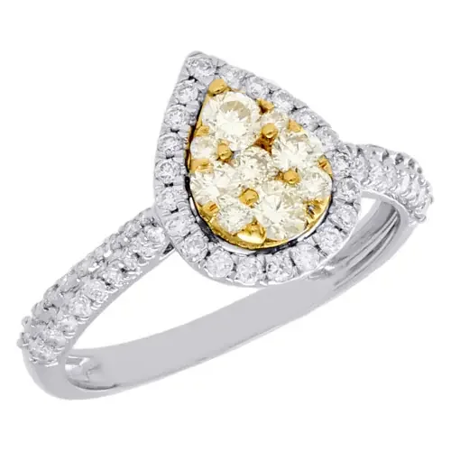 14K White Gold Natural Yellow Diamond Teardrop Halo Engagement Ring 0.88 Ct.