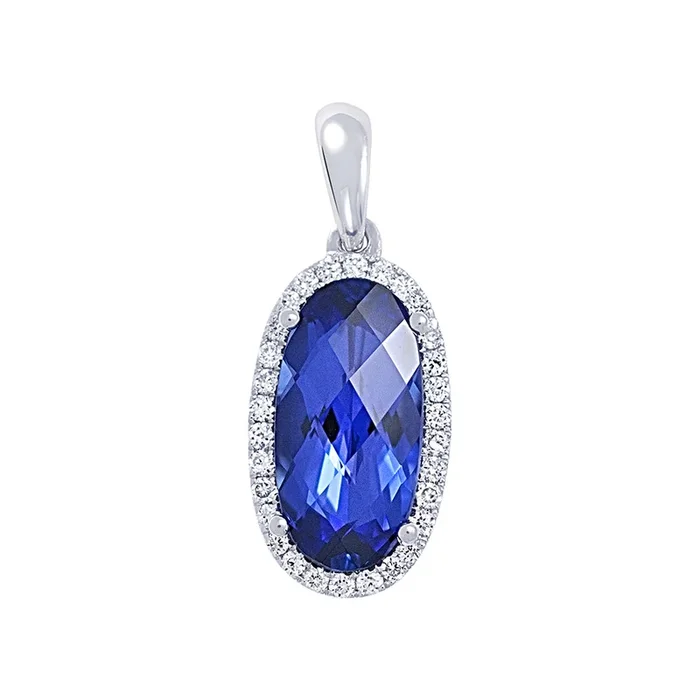 14K white gold pendant featuring an oval Chatham lab grown blue sapphire and Chatham lab grown diamond halo accents.