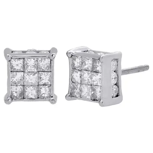 14K White Gold Princess & Round Diamond 3D Cube Stud 4 Prong Earrings 1.50 Ct.
