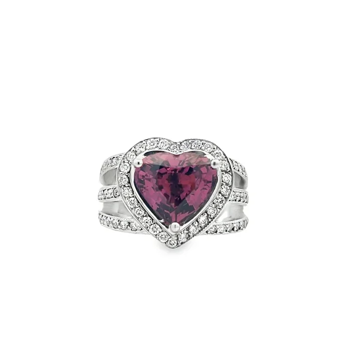 14K WHITE GOLD PURPLE SPINEL & DIAMOND HEART HALO RING – 4.23 CTW GIA CERTIFIED