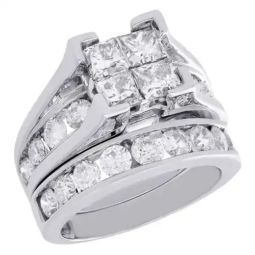 14K White Gold Quad Princess Diamond Channel Set Engagement Ring Bridal Set 4 Ct