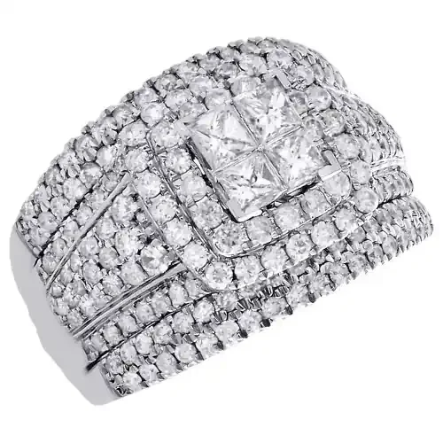 14K White Gold Quad Princess Diamond Double Square Halo Engagement Ring 2 Ct.