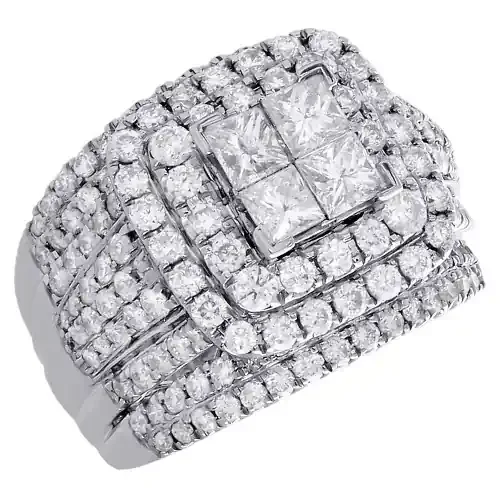 14K White Gold Quad Princess Diamond Double Square Halo Engagement Ring 3 Ct.