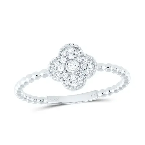 14K White Gold Real Diamond Women‘s Luck 4 Leaf Clover Beaded Band Ring 1/8 CT