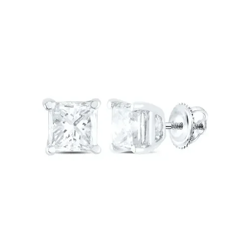 14K White Gold Real Solitaire Princess Diamond Basket Set Stud Earrings 1/5 TCW