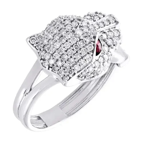 14K White Gold Red Ruby & Diamond Women‘s Domed Panther Statement Ring 0.62 CT