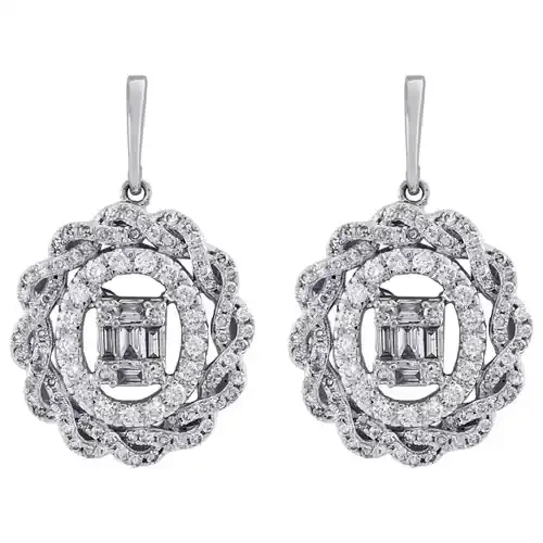 14K White Gold Round & Baguette Cut Diamond Oval Halo Dangle 0.90″ Earrings 1 CT