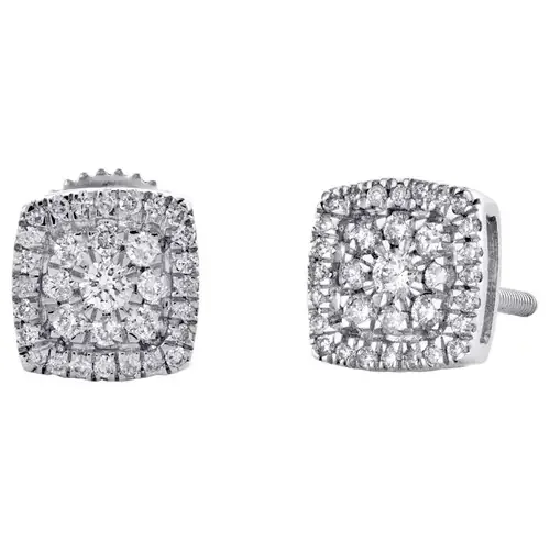 14K White Gold Round Cut Diamond Square Halo Stud 6.50mm Cluster Earrings 1/4 CT