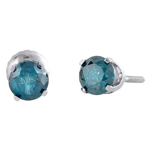 14K White Gold Round Cut Solitaire Blue Diamond 4 Prong Studs 5mm Earrings 1 CT.