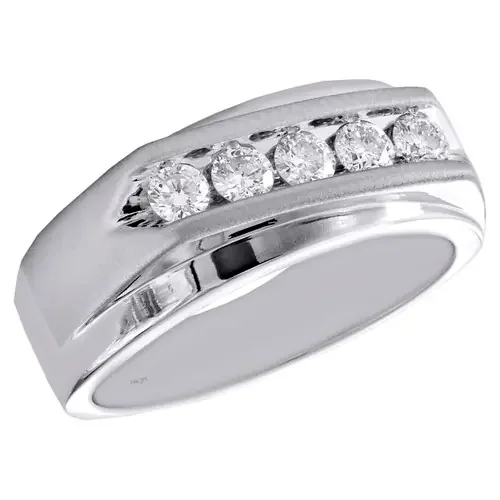 14K White Gold Round Diamond 5 Stone Wedding Band 8.50mm Brushed Top Ring 5/8 CT