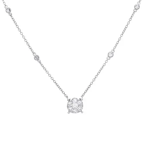 14K White Gold Round Diamond Circle Statement Cluster Neckalce 18″ Chain 5/8 CT.