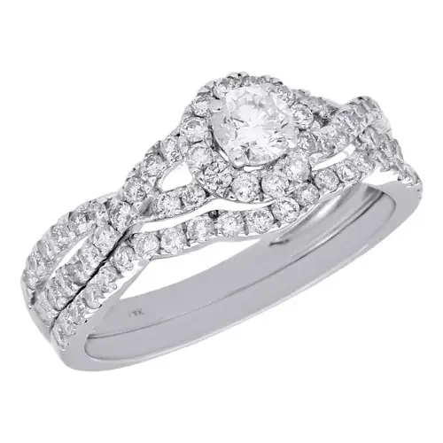 14K White Gold Solitaire Diamond Bridal Set Bypass Engagement Ring + Band 1 Ct.