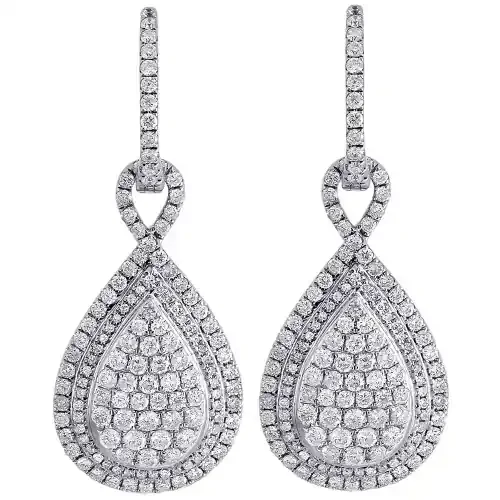 14K White Gold Teardrop Diamond Dangle Drop Earrings Round Cut Pave 2.33 Ctw.