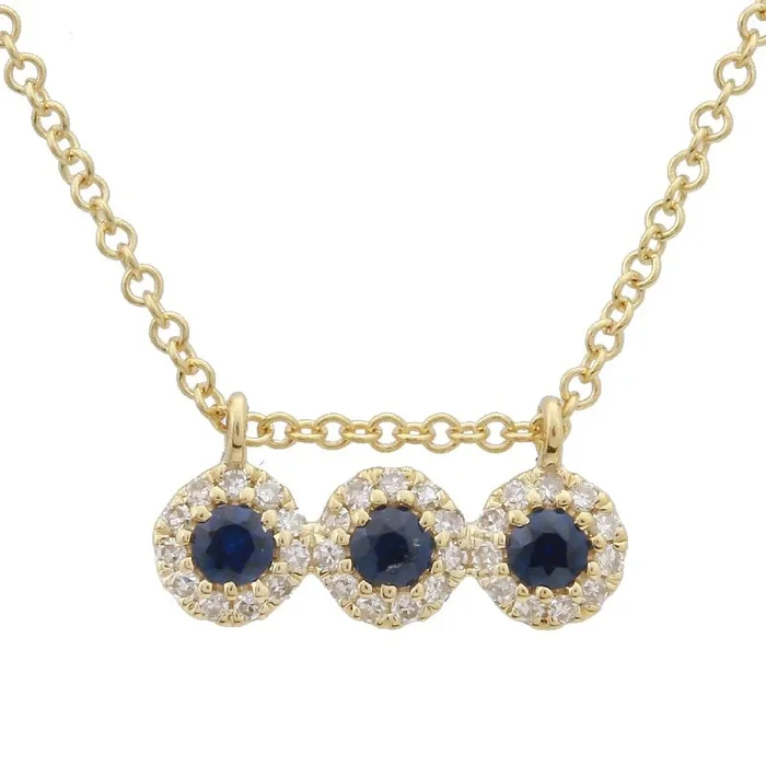 14K YELLOW GOLD .10 CTW DIAMOND AND .18 CTW SAPPHIRE HALO BAR NECKLACE
