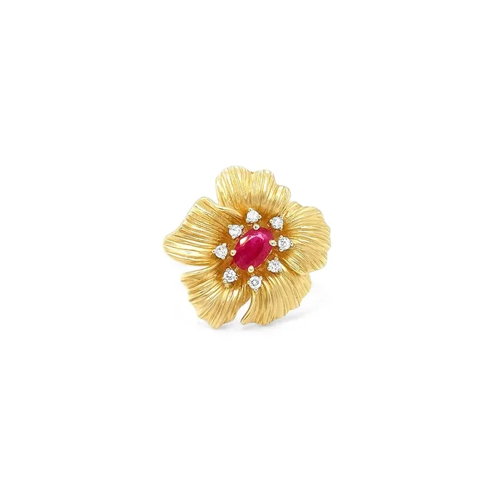 14K YELLOW GOLD .12 CTW DIAMOND AND .56 CT RED RUBY FLOWER RING