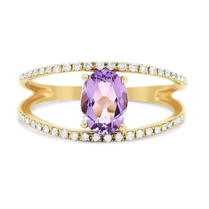 14K YELLOW GOLD .16 CTW DIAMOND AND .71 CTW AMETHYST OPEN RING