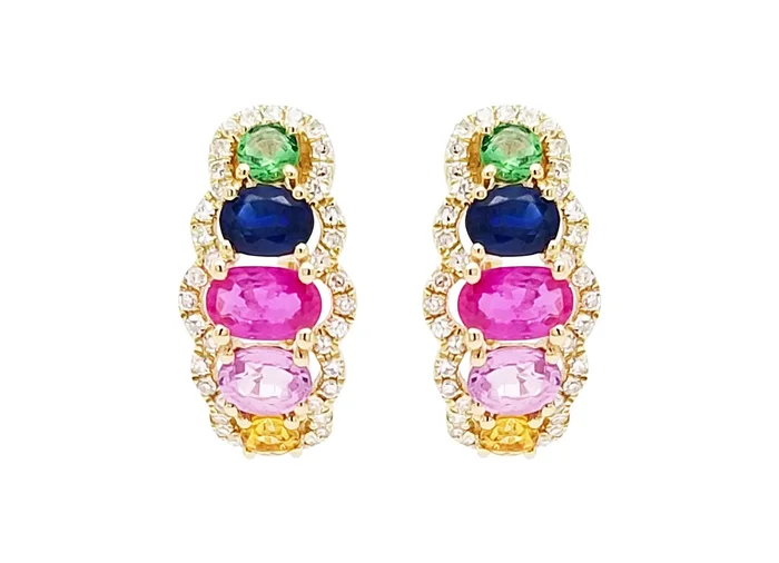 14K YELLOW GOLD .24 CTW DIAMOND AND 1.68 CTW MULTI-COLORED SAPPHIRE HOOP EARRINGS