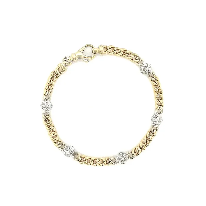 14K YELLOW GOLD .48 CTW DIAMOND FLOWER STATION CURB LINK BRACELET