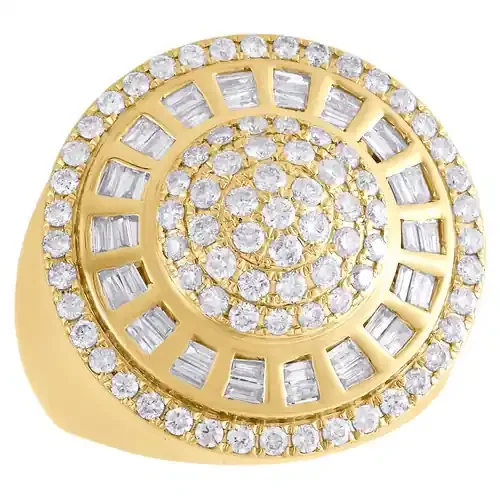 14K Yellow Gold Baguette Diamond Medallion Circle Cluster Pinky Ring 1.82 CT.