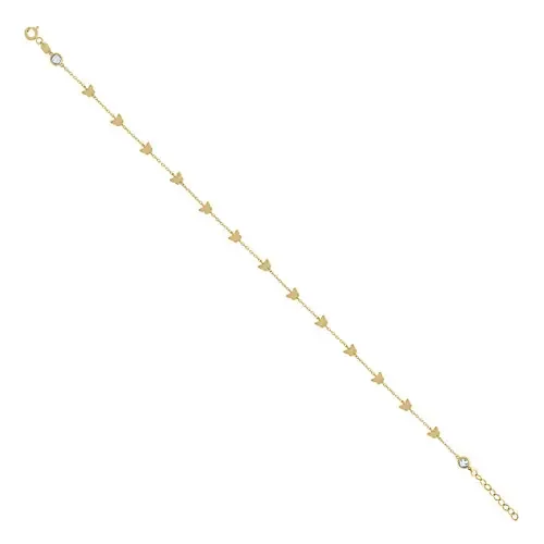14K Yellow Gold CZ Women‘s Stationed Charm Butterfly Cable Anklet 9″ + 1″ Ext
