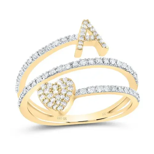 14K Yellow Gold Diamond Women‘s Block Letter A Initial & Heart Wrap Ring 3/8 CT