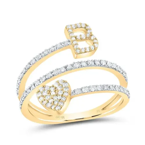 14K Yellow Gold Diamond Women‘s Block Letter B Initial & Heart Wrap Ring 3/8 CT