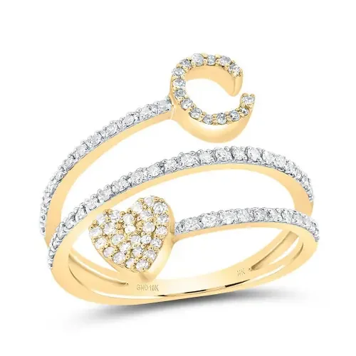 14K Yellow Gold Diamond Women‘s Block Letter C Initial & Heart Wrap Ring 3/8 CT