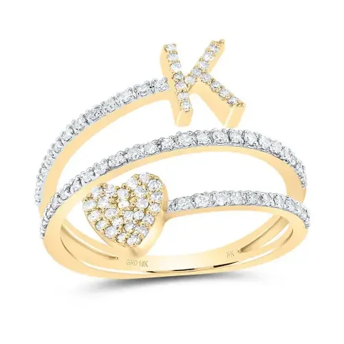 14K Yellow Gold Diamond Women‘s Block Letter K Initial & Heart Wrap Ring 3/8 CT