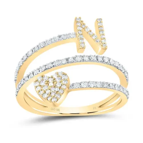 14K Yellow Gold Diamond Women‘s Block Letter N Initial & Heart Wrap Ring 3/8 CT