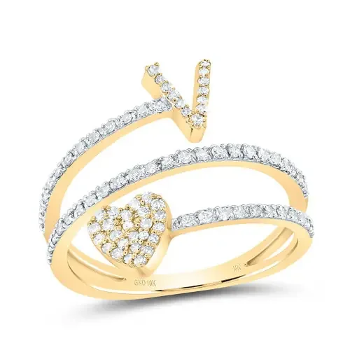 14K Yellow Gold Diamond Women‘s Block Letter V Initial & Heart Wrap Ring 3/8 CT