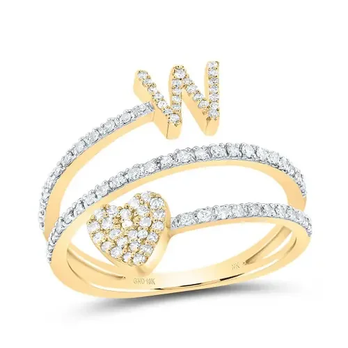 14K Yellow Gold Diamond Women‘s Block Letter W Initial & Heart Wrap Ring 3/8 CT